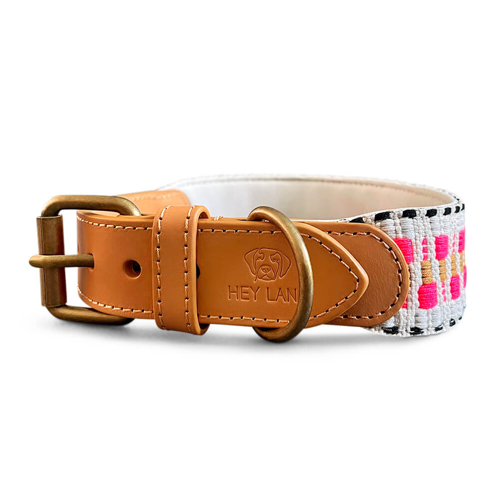 Hey Lana Premium Hundehalsband gepolstert, Rindsleder, gewebte Biobaumwolle, Neopren „Trés chic pink/beige, XS, S, M, L – Bild 5